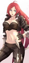 Rule 34 | 1girl, ahoge, armband, bad id, bad pixiv id, blue eyes, breasts, bustier, cleavage, cropped jacket, dagger, fullluv, gloves, katarina (league of legends), knife, kunai, large breasts, league of legends, legs, long hair, midriff, navel, pants, red hair, scar, solo, spikes, thighs, tongue, very long hair, weapon