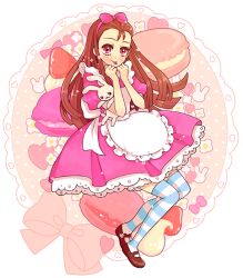 Rule 34 | 00s, 1girl, :p, apron, bad id, bad pixiv id, bow, brown hair, dress, food, hair ribbon, idolmaster, idolmaster (classic), idolmaster 1, long hair, macaron, maid fairy tale, minase iori, pastry, pink bow, pinkmm, rabbit, red eyes, ribbon, solo, striped clothes, striped thighhighs, stuffed animal, stuffed rabbit, stuffed toy, thighhighs, tongue, tongue out