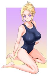 Rule 34 | 1girl, absurdres, bare arms, bare legs, bare shoulders, barefoot, black one-piece swimsuit, blonde hair, border, breasts, closed mouth, collarbone, competition swimsuit, expressionless, forehead, full body, fuurin asumi, gradient background, healin&#039; good precure, highres, kuppipi ramutarou, large breasts, looking at viewer, one-piece swimsuit, outside border, precure, purple background, purple eyes, short hair, short ponytail, sidelocks, sitting, solo, swimsuit, white border, yokozuwari