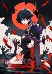 Rule 34 | 1boy, black hair, blood, blood on hands, blood splatter, colored eyelashes, flower, from side, full body, gauntlets, genshin impact, highres, japanese clothes, neyti (neytirv), on one knee, purple eyes, scaramouche (genshin impact), short hair, shorts, solo, spider lily
