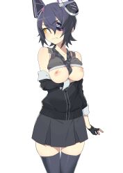 Rule 34 | 1girl, absurdres, black cardigan, black gloves, black hair, black necktie, breasts, breasts out, cardigan, checkered necktie, collarbone, fingerless gloves, gloves, grey skirt, head out of frame, highres, kantai collection, medium breasts, morisobo, necktie, nipples, short hair, simple background, skirt, solo, tenryuu (kancolle), thighs, wavy mouth, white background