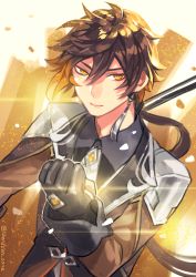 Rule 34 | 1boy, absurdres, black gloves, black hair, brown hair, clenched hand, closed mouth, collar, collared shirt, earrings, formal, genshin impact, gloves, hair between eyes, highres, jacket, jewelry, long hair, long sleeves, looking at viewer, male focus, minami seira, multicolored hair, polearm, ponytail, ring, shirt, simple background, single earring, solo, spear, suit, tassel, tassel earrings, weapon, yellow eyes, zhongli (genshin impact)