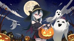 1girl black_choker black_hair black_hat black_shirt black_skirt blue_archive bucket cat choker collarbone detached_sleeves full_moon ghost gradient_hair halloween halloween_costume halo hat highres holding holding_bucket jack-o&#039;-lantern kayoko_(blue_archive) long_hair looking_at_viewer merak0901 moon multicolored_hair pink_eyes shirt skirt solo trick_or_treat white_hair white_halo witch_hat