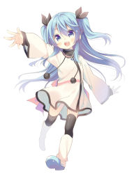Rule 34 | 10s, 1girl, :d, black thighhighs, blue eyes, blue hair, hair ribbon, long hair, looking at viewer, matching hair/eyes, noel (sora no method), open mouth, pom pom (clothes), ribbon, simple background, sleeves past wrists, smile, solo, sora no method, thighhighs, two side up, white background, wide sleeves, yuizaki kazuya