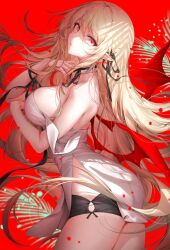 Rule 34 | 1girl, artist name, bare shoulders, black ribbon, blonde hair, breasts, cowboy shot, demon girl, demon wings, fingernails, from side, hair ribbon, highres, large breasts, looking at viewer, nail polish, original, parted lips, pointy ears, red background, red nails, red wings, ribbon, sencha (senchat), sidelocks, simple background, sleeveless, solo, thighs, wings