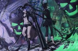 Rule 34 | 2girls, asymmetrical hair, bikini, bikini top only, bikini under clothes, black bikini, black coat, black dress, black footwear, black hair, black pants, black rock shooter, black rock shooter (character), black shorts, blue eyes, boots, breasts, character name, checkered floor, choker, cleavage, closed mouth, coat, copyright name, dead master, dress, floating hair, front-tie bikini top, front-tie top, full body, green eyes, gun, hair between eyes, high heels, highres, holding, holding gun, holding scythe, holding sword, holding weapon, knee boots, long hair, long sleeves, midriff, multiple girls, navel, open clothes, open coat, pants, pants under dress, pumps, red-d, scythe, short dress, short shorts, shorts, skull, small breasts, standing, stomach, swimsuit, sword, twintails, very long hair, weapon