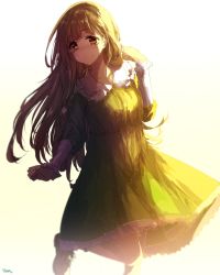 Rule 34 | 10s, 1girl, blush, breasts, brown eyes, brown hair, closed mouth, commentary request, dress, fujinomiya neko, green dress, highres, isumi (yangyan), leg up, long hair, long sleeves, looking at viewer, masamune-kun no revenge, outdoors, shoes, simple background, smile, solo, standing, white background
