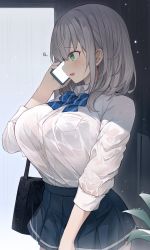 Rule 34 | 1girl, alternate costume, bag, blue bow, blue skirt, bow, bra visible through clothes, breasts, cellphone, collared shirt, hair behind ear, highres, holding, holding phone, hololive, huge breasts, mou tama maru, open mouth, phone, school bag, school uniform, shirogane noel, shirogane noel (school uniform), shirt, shirt tucked in, skirt, smartphone, solo, virtual youtuber, white shirt