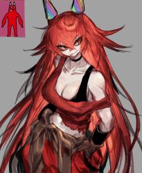 Rule 34 | banban (garten of banban), breasts, cleavage, garten of banban, genderswap, genderswap (mtf), gloves, hat, highres, horns, humanization, large breasts, long hair, messy hair, midriff, navel, off shoulder, party hat, red eyes, red hair, smile, tank top, tongue, tongue out, usa37107692, very long hair, work gloves