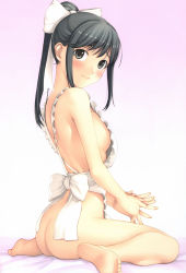 Rule 34 | 1girl, absurdres, apron, arched back, ass, bare back, bare shoulders, barefoot, black eyes, black hair, blush, bow, breasts, butt crack, feet, from side, hair bow, hair ornament, highres, looking at viewer, looking back, love plus, medium breasts, naked apron, ponytail, sideboob, sitting, smile, solo, spread legs, takane manaka, tanaka shoutarou