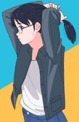 Rule 34 | 1girl, arms up, black hair, denim, female focus, glasses, highres, jeans, open clothes, open shirt, original, pants, parted lips, piezo, profile, solo, tank top, tying hair, upper body, white tank top