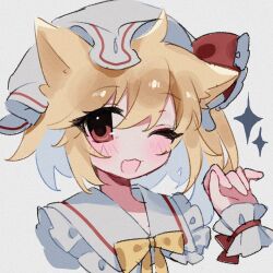 Rule 34 | 1girl, animal ears, ascot, blonde hair, bow, cat ears, chicachang, flandre scarlet, hat, hat ribbon, highres, mob cap, one eye closed, one side up, open mouth, red eyes, ribbon, side ponytail, skirt, solo, touhou, upper body, white background