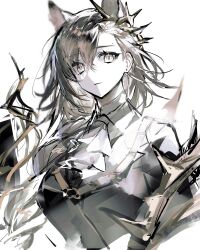 Rule 34 | 1girl, arknights, ascot, black jacket, braid, brown hair, closed mouth, collared shirt, expressionless, gold trim, highres, jacket, long hair, looking at viewer, mole, penance (arknights), remsrar, shirt, simple background, thorns, upper body, white ascot, white background, white shirt