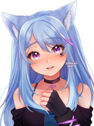 Rule 34 | 1girl, animal ear fluff, animal ears, bare shoulders, black choker, black gloves, blue hair, blush, choker, commentary, commission, diamond-shaped pupils, diamond (shape), english commentary, facial mark, fingerless gloves, gloves, hair ornament, hairclip, halterneck, hand up, head tilt, heart, heart facial mark, keriti, looking at viewer, multicolored hair, original, parted lips, pink eyes, simple background, smile, solo, streaked hair, symbol-shaped pupils, teeth, temachii, upper body, upper teeth only, white background