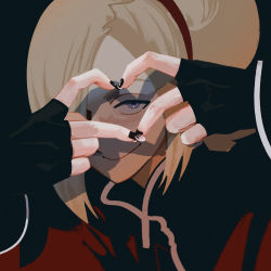 Rule 34 | 1boy, ash crimson, black background, black gloves, black nails, closed mouth, fingerless gloves, gloves, grey eyes, hair over one eye, heart, heart hands, hexermer, highres, looking at viewer, male focus, nail polish, short hair, simple background, smile, solo, the king of fighters, upper body, white hair