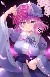 Rule 34 | 1girl, bad id, bad twitter id, blue bow, blue hat, blue kimono, blush, bow, breasts, cherry blossoms, folding fan, fujimori shiki, hand fan, hat, highres, hitodama, japanese clothes, kimono, large breasts, long sleeves, looking at viewer, mob cap, neck ribbon, pink eyes, pink hair, red eyes, ribbon, saigyouji yuyuko, saigyouji yuyuko&#039;s fan design, short hair, smile, touhou, tree, triangular headpiece, waist bow, wavy hair