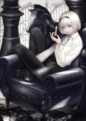 Rule 34 | 1girl, absurdres, armchair, black footwear, black hairband, black nails, black pants, blurry, blurry foreground, boots, chair, checkered floor, chess piece, collared shirt, commentary, depth of field, earrings, english text, fingernails, grey hair, hairband, highres, holding, jewelry, king (chess), knight (chess), long sleeves, marumoru, nail polish, on chair, open mouth, original, pants, red eyes, shirt, short hair, sitting, sitting sideways, solo, symbol-only commentary, white shirt