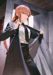 Rule 34 | 1girl, black necktie, black pants, braid, braided ponytail, buttoned cuffs, buttons, chainsaw man, closed mouth, collared shirt, formal, highres, kitada mo, long hair, long sleeves, looking at viewer, makima (chainsaw man), necktie, orange hair, pants, red hair, shirt, sidelocks, single braid, suit, uniform, white shirt, yellow eyes