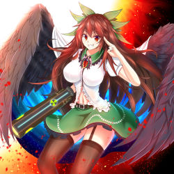 Rule 34 | &gt;:), 1girl, arm cannon, bird wings, black thighhighs, black wings, bow, breasts, brown hair, cowboy shot, dress shirt, feathered wings, frilled shirt collar, frills, garter straps, green bow, green skirt, grin, hair bow, highres, large breasts, long hair, looking at viewer, miniskirt, navel, nekoda (maoda), puffy short sleeves, puffy sleeves, radiation symbol, red eyes, reiuji utsuho, salute, shirt, short sleeves, sidelocks, skirt, smile, solo, thighhighs, third eye, touhou, two-finger salute, v-shaped eyebrows, very long hair, weapon, white shirt, wings
