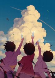Rule 34 | 3boys, arm up, black hair, blue sky, bottle, bug, child, cloud, commentary request, contrail, from behind, holding, holding bottle, hood, hood down, insect, jacket, ladybug, leaf, male focus, multiple boys, noeyebrow (mauve), open clothes, open jacket, original, outdoors, ramune, red shirt, shirt, short sleeves, signature, sky, summer, white jacket, white shirt, wind
