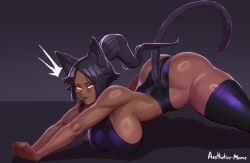 Rule 34 | 1girl, aestheticc-meme, animal ears, ass, barefoot, black hair, black leggings, black leotard, bleach, bleach: sennen kessen-hen, breasts, cat ears, cat girl, cat tail, closed mouth, curvy, dark-skinned female, dark skin, hanging breasts, highres, huge ass, large breasts, leggings, leotard, ponytail, shihouin yoruichi, solo, stretching, tail, thick thighs, thighs, variant set, yellow eyes