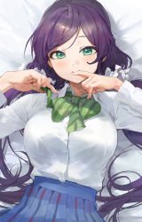 Rule 34 | 1girl, bed sheet, blue skirt, blush, breasts, collared shirt, dress shirt, finger to mouth, fingernails, from above, green eyes, green neckwear, hair ornament, hair scrunchie, highres, large breasts, long fingernails, long hair, long sleeves, looking at viewer, love live!, love live! school idol project, low twintails, lying, modare, on back, on bed, otonokizaka school uniform, pleated skirt, purple hair, school uniform, scrunchie, shirt, skirt, smile, solo, swept bangs, tojo nozomi, twintails, upper body, very long hair, white scrunchie, white shirt