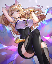 Rule 34 | 1girl, ahri (league of legends), animal ears, arm behind head, arm up, black thighhighs, blonde hair, bracelet, chibi vanille, choker, covered navel, earrings, facial mark, fox ears, fox tail, hand in own hair, heart, heart choker, heart earrings, highres, idol, jewelry, k/da (league of legends), k/da ahri, league of legends, leg up, long hair, looking to the side, lying, on back, parted lips, solo, tail, thighhighs, whisker markings, yellow eyes