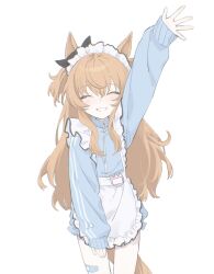 Rule 34 | 1girl, ^ ^, animal ears, apron, arm up, bandaid, bandaid on leg, blue jacket, blue shorts, blush, bow, closed eyes, cowboy shot, ear bow, facing viewer, flat chest, hakuhatsu, high collar, highres, horse ears, horse girl, horse tail, jacket, jersey maid, long hair, long sleeves, maid, maid headdress, mayano top gun (umamusume), name tag, open clothes, open jacket, orange hair, outstretched arm, shorts, simple background, smile, solo, tail, two side up, umamusume, unconventional maid, waist apron