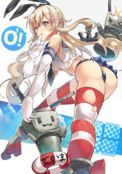 Rule 34 | &gt; &lt;, 10s, 1girl, anchor, ass, bent over, black panties, blonde hair, blush, closed eyes, elbow gloves, finger to mouth, gloves, hair ornament, hairband, highres, himuro shunsuke, innertube, kantai collection, long hair, looking at viewer, navel, panties, personification, red thighhighs, rensouhou-chan, sailor collar, shimakaze (kancolle), skirt, solo, striped clothes, striped thighhighs, swim ring, thighhighs, torn clothes, torn thighhighs, underwear, white gloves