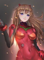 Rule 34 | 1girl, blue eyes, bodysuit, breasts, brown hair, highres, lips, long hair, looking at viewer, maboroshi yuki shiro, medium breasts, neon genesis evangelion, plugsuit, red bodysuit, shiny clothes, skin tight, smile, solo, souryuu asuka langley, two side up, wide hips
