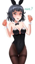 Rule 34 | 1girl, absurdres, animal ears, baek hyang&#039;geum, bang dream!, black bow, black bowtie, black hair, black leotard, black pantyhose, bow, bowtie, breasts, chocolate cornet, cleavage, covered navel, cowboy shot, detached collar, fake animal ears, food, highres, holding, leotard, medium breasts, pantyhose, playboy bunny, rabbit ears, rabbit tail, red eyes, short hair, simple background, solo, tail, tears, thigh gap, thighband pantyhose, traditional bowtie, ushigome rimi, white background, wrist cuffs