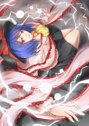 Rule 34 | 1girl, ascot, bad anatomy, black skirt, blue hair, capelet, energy ball, frilled shawl, frills, from above, hat, hat ribbon, highres, legs together, lightning, long skirt, long sleeves, looking up, nagae iku, red eyes, ribbon, shawl, skirt, solo, suo niao, thighs, touhou