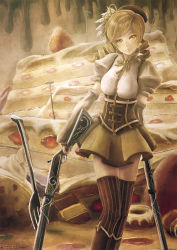 Rule 34 | 10s, 1girl, beret, blonde hair, boots, cake, chuukarudoruhu, corset, detached sleeves, drill hair, dual wielding, faux traditional media, fingerless gloves, food, fork, gloves, gun, hat, highres, holding, magical girl, magical musket, mahou shoujo madoka magica, mahou shoujo madoka magica (anime), pleated skirt, puffy sleeves, rifle, skirt, smile, solo, thighhighs, tomoe mami, weapon, witch&#039;s labyrinth, yellow eyes, zettai ryouiki