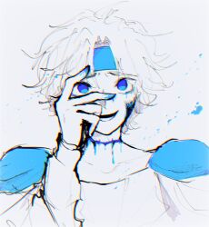 Rule 34 | 1boy, bleeding, blood, blood on hands, blood splatter, blue blood, blue eyes, blue headband, chromatic aberration, commentary, english commentary, eveo, evil smile, furrowed brow, hand on own face, headband, highres, long sleeves, looking at viewer, madou monogatari, male focus, messy hair, neon palette, open mouth, parted bangs, puyopuyo, schezo wegey, short hair, simple background, slit throat, smile, solo, spot color, white background, white hair