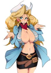 Rule 34 | 1girl, bad id, bad twitter id, belt, boots, breasts, cowboy bebop, cowboy hat, earrings, hat, heart, heart earrings, highres, jewelry, judy (cowboy bebop), large breasts, looking at viewer, navel, no bra, open clothes, scarf, skirt, slugbox, solo, standing