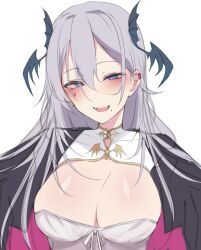 Rule 34 | 1girl, black cape, blue eyes, blush, breasts, cape, cleavage, cleavage cutout, clothing cutout, dress, falaloods, fangs, grey hair, hair between eyes, head wings, highres, iida pochi. (vtuber), indie virtual youtuber, large breasts, long hair, mole, mole under mouth, no pupils, pink cape, pochimaru (vtuber), pochimaru (vtuber) (4th costume), solo, teardrop facial mark, two-tone cape, upper body, virtual youtuber, white dress, wings