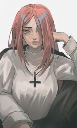 Rule 34 | 1girl, alternate color, chikenug1000000, cross, cross necklace, facing viewer, hair over one eye, half-closed eyes, hand on own cheek, hand on own face, highres, jewelry, long hair, looking at viewer, necklace, parasoul (skullgirls), red hair, skullgirls, solo, sweater, turtleneck, turtleneck sweater