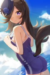 Rule 34 | 1girl, animal ears, bare shoulders, blue flower, blue hat, blue one-piece swimsuit, blue rose, blue sky, clothes pull, cloud, commentary request, dutch angle, flower, hair over one eye, hat, hat flower, highres, horse ears, horse girl, horse tail, looking at viewer, ocean, one-piece swimsuit, one-piece swimsuit pull, purple eyes, rice shower (umamusume), rose, seneto, sky, solo, split mouth, swimsuit, tail, tilted headwear, tracen swimsuit, umamusume
