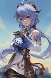 Rule 34 | 1girl, absurdres, ahoge, bare shoulders, bell, black gloves, black legwear, blue hair, bow, chinese knot, cotta (heleif), detached sleeves, dusk, evening, flower knot, ganyu (genshin impact), genshin impact, gloves, gold trim, highres, horns, long hair, looking at viewer, low ponytail, neck bell, orb, outdoors, parted lips, pelvic curtain, purple eyes, qilin (mythology), red rope, rope, sidelocks, solo, standing, tassel, thigh gap, thighlet, thighs, vision (genshin impact), white sleeves