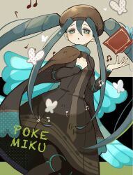 Rule 34 | 1girl, aqua eyes, aqua hair, blush, book, brown dress, brown headwear, bug, bug miku (project voltage), butterfly, creatures (company), dress, eyeshadow, game freak, hair through headwear, hatsune miku, highres, insect, long bangs, long hair, long sleeves, makeup, musical note, nintendo, open mouth, pokemon, project voltage, twintails, umibatari, vocaloid