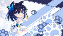 Rule 34 | 1girl, :o, animal ear fluff, animal ears, bare shoulders, black hair, blue background, blue butterfly, blue eyes, blue hair, bob cut, breasts, bug, butterfly, cat ears, cat girl, chibi, cleavage, dress, full body, highres, honkai (series), honkai impact 3rd, insect, medium breasts, multicolored hair, off-shoulder dress, off shoulder, open mouth, seele vollerei, seele vollerei (swallowtail phantasm), short hair, solo, two-tone background, white background, white dress, white paper is not paper