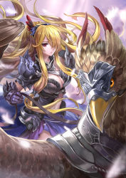Rule 34 | 1girl, armor, blonde hair, breasts, cleavage, cloud, faulds, gauntlets, griffin, hair over one eye, highres, land of caromag, large breasts, long hair, looking at viewer, monogo, navel, original, pauldrons, red eyes, riding, shoulder armor, sky, solo, very long hair