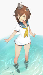 Rule 34 | 10s, 1girl, :d, ankle boots, bare legs, black one-piece swimsuit, blush, boots, brown eyes, brown hair, collarbone, eyebrows, fish, headgear, kantai collection, km yama, looking down, matching hair/eyes, neckerchief, one-piece swimsuit, open mouth, sailor collar, shirt, short hair, short sleeves, silhouette, simple background, smile, solo, standing, swimsuit, swimsuit under clothes, tareme, wading, water, white background, white shirt, yukikaze (kancolle)