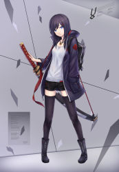 Rule 34 | 1girl, backpack, bag, black footwear, black hair, black shorts, black thighhighs, blue eyes, blue jacket, boots, breasts, closed mouth, collarbone, expressionless, full body, hair ornament, hairclip, hand in pocket, head tilt, highres, holding, holding weapon, hoodier, jacket, jewelry, katana, legs apart, long hair, long sleeves, looking at viewer, necklace, open clothes, open jacket, original, red ribbon, ribbon, sheath, sheathed, shirt, short shorts, shorts, small breasts, solo, standing, sword, tachi (weapon), thighhighs, weapon, white shirt, zipper, zipper pull tab