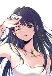 Rule 34 | 1girl, arm at side, blue eyes, blue gemstone, blue hair, blue nails, blush, bracelet, breasts, cleavage, earrings, gem, hand on own forehead, hand up, highres, himaya, jewelry, korean commentary, long hair, looking at viewer, magia record: mahou shoujo madoka magica gaiden, mahou shoujo madoka magica, medium breasts, nail polish, nanami yachiyo, necklace, one eye closed, parted lips, portrait, shirt, simple background, solo, strapless, strapless shirt, swept bangs, white background, white shirt