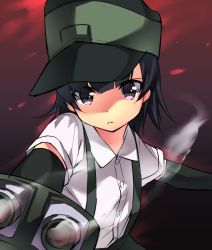 Rule 34 | 10s, 1girl, arare (kancolle), arm warmers, black hair, buttons, cannon, gun, hat, holding, holding gun, holding weapon, kantai collection, looking at viewer, pointing, pointing at viewer, school uniform, serafuku, shirt, short hair, short sleeves, grey eyes, sk02, smoke, solo, suspenders, turret, uniform, weapon, white shirt