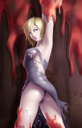 Rule 34 | 1girl, ass, aya brea, blonde hair, blue eyes, breasts, dress, graphite (medium), looking at viewer, open mouth, parasite eve, restrained, short hair, sideboob, solo, thor (deep rising), torn clothes, traditional media