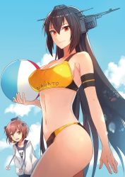 Rule 34 | 2girls, alternate costume, ball, beach volleyball, beachball, bikini, black hair, black one-piece swimsuit, blue sky, breasts, brown eyes, brown hair, character name, closed mouth, clothes writing, cloud, cloudy sky, collarbone, cowboy shot, day, hair between eyes, headgear, highres, holding, holding ball, jacket, kantai collection, kasumi (skchkko), large breasts, long hair, long sleeves, looking at viewer, multiple girls, nagato (kancolle), name tag, navel, official alternate costume, one-piece swimsuit, open mouth, red eyes, sky, sports bikini, sportswear, swimsuit, swimsuit under clothes, volleyball, white jacket, yukikaze (kancolle)