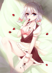 Rule 34 | 1girl, apron, bad id, bad pixiv id, blue eyes, blue nails, bow, bow bra, bra, braid, breasts, chocolate, chocolate on body, chocolate on breasts, cleavage, collarbone, dress, eating, fingernails, food, fruit, highres, izayoi sakuya, kurase37, lace, lace-trimmed bra, lace trim, leg up, looking at viewer, lying, maid apron, maid headdress, nail polish, on back, on bed, open clothes, open dress, open mouth, pink bra, puffy short sleeves, puffy sleeves, shadow, sharp fingernails, short sleeves, silver hair, solo, strawberry, touhou, twin braids, unbuttoned, underwear