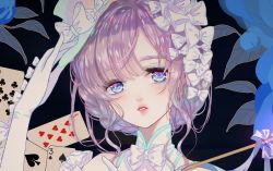 Rule 34 | 1girl, blue eyes, blunt bangs, bow, card, detached collar, dress, gloves, hair bow, hand up, heart, looking at viewer, miemia, original, parted lips, playing card, purple hair, solo, spade (shape), symbol in eye, too many bows, upper body, white gloves